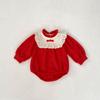 Romper Bodysuit Waffle Color-Block Vermelho para Bebê Menina Ano Novo Primavera 2026 Macacão Triângulo para Engatinhar