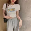 Camiseta de Manga Corta con Cuello Redondo Estilo Hong Kong para Mujer 2024 Verano Cintura Alta Todo Fósforo Ajustada Estampada Ombligo Abierto Popular Cyber Top Corto