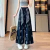 Calça Casual Cropped Reta Solta Estilo Étnico com Estampa de Seda Gelada Perna Larga para Mulheres 2026 Verão Novo Cintura Alta Emagrecimento