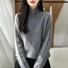 Suéter Engrossado 100% Lã Pura Feminino Meio Zíper Gola Alta Tricô Color Block Camada Base Outono Inverno Top Quente