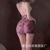 Gato Noturno Sexy Decote em V Profundo Vazado Lingerie Feminina Cadarço no Pescoço Estampa de Renda Transparente Bodycon Conjunto de Camisola
