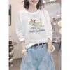 Camiseta de manga larga para mujer de principios de otoño con algodón de copo de nieve, cuello redondo, nuevo top blanco versátil de moda 2026