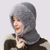 Gorro de lana tejido cálido con forro polar para ciclismo al aire libre en invierno para mujer, diseño integrado con máscara y calentador de cuello