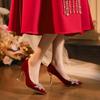 Hermosos Zapatos de Mujer Color Rojo Cómodos 2025 Primavera/Verano Nueva Moda Zapatos de Novia con Tacones Finos y Tacones Altos para Mujer, Doble Uso