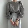 Camisa redonda chic coreana de estilo francés, sencilla, con mangas abullonadas para mujer, blusa elegante y versátil