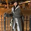 Coreia do Sul chique outono e inverno novo contraste cor costura longo capuz saia casaco cordeiro veludo solto moda casaco ins