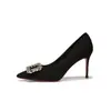 9169C-232 gamuza pedrería hebilla cuadrada suela roja poco profunda zapatos de mujer versátiles elegantes maduros para ir al trabajo