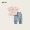 Roupas Infantis Bangxuan Tops para Meninas Verão Novidades Patchwork Renda Camiseta para Crianças Pequenas Rosa Doce Bebê Manga Curta Tendência