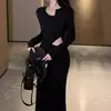 Vestido Negro Sexy de Estilo Francés para Mujer, de Manga Larga, Hueco en la Cintura, Revelador de Cintura, Asimétrico, Ajustado, Bodycon, para Primavera y Otoño