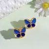 Conjunto Floral de Mariposa Hecho en Fábrica con Colores Contrastantes Azul y Verde, Anillo, Pendientes, Broche, Pulsera, Cadena para Suéter Frescos y Elegantes