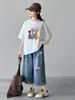 Ropa de Verano para Niños, Camiseta de Dibujos Animados Estilo Coreano para Niñas, Conjunto de Jeans Rasgados, Elegante Conjunto Casual de Dos Piezas para Niños Mayores