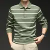 Camisa de Algodón 60t de Manga Larga para Hombre de Primavera y Otoño con Cuello de Solapa, Polo Casual Rayado, Top Casual para Papá de Edad Media