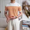 Camiseta de punto para hombre con cuello redondo a rayas de seda helada estilo Old Money, manga corta, Camisa de punto de manga corta casual de negocios ligeramente madura