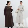 Vestido Lotte Japonês Outono e Inverno Cor Sólida com Forro de Lã Cinto Solto Bolso Casual Gola Redonda Moletom Vestido Longo Transfronteiriço
