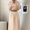 Moda Coreana para Mujer de Dongdaemun, Vestido Largo Chic de Alta Calidad Holgado, Vestido Adelgazante de Manga Corta
