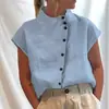 Camisa Casual de Botones de Algodón y Lino con Cuello Mao, Nueva Colección Primavera/Verano 2026 Transfronteriza Europea y Americana, Camisa de Manga Corta Cómoda para Mujer, En Stock