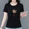 Comércio Exterior Transfronteiriço~Camiseta estampada de manga curta estilo chinês de alta qualidade para mulheres de meia-idade, modelagem solta, valoriza a silhueta, gola redonda