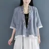 Novo vestido de chá retrô estilo chinês feminino de algodão e linho, camisa de frente aberta com carcela diagonal e fechamento de três botões, manga média, design falso de duas peças
