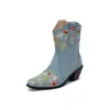Tamanhos 34-47 Outono e Inverno Botas Curtas Leves Florais Slip-On para Mulheres, Botas Femininas de Tamanho Grande para Venda Transfronteiriça, Botas de Couro de Bico Quadrado de Salto Alto Baixas