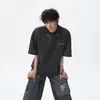 Camiseta de Algodón Pesado Lavada con Arena Bordada para Hombre Verano Retro Americano Diseño Lavada Manga Corta Holgada Casual Top de Pareja