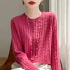 Atacado Transfronteiriço Primavera e Outono Gola Redonda Feminino Manga Longa Tricô em Ponto Trançado Cardigan Top, Peça de Roupa Externa Versátil Estilosa, Suéter Camada de Base