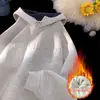 Moletom com Capuz Espesso Forrado de Lã Azul Marinho Outono e Inverno com Botões Gola Meia-Alta para Homens e Mulheres Estilo Americano Jaqueta Pesada Rígida Preguiçosa