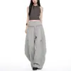 Cordón elegante, dobladillo con volantes, pantalones de pierna ancha, pantalones largos de corte holgado, pantalones casuales para mujer, colección de otoño, cintura alta, gris, corte relajado