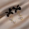 Pendientes de Borla con Lazo Lacado Incrustado de Pedrería Estilo Coreano, Pendientes de Botón Elegantes y Frescos, Pendientes Versátiles Dulces y de Moda con Incrustaciones