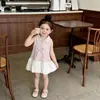 Vestido Dulce de Niña sin Mangas con Solapa, Vestido Floral de Verano, Vestido de Princesa, Vestido Midi Rosa, Elegante Vestido de Pequeña Princesa