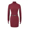 Falda Interior Adelgazante de Nuevo Estilo con Cinturón, Vestido de Punto de Cuello Alto a Media Altura Estilo Europeo y Americano para Mujer, Mangas Largas, Otoño e Invierno