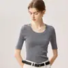 Camiseta base fina de punto de manga corta y cuello redondo 100% lana de hilo simple del Yangtsé para mujer, ajuste ceñido