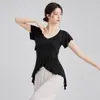 Traje de Prática de Movimento Corporal para Dança Clássica Feminina, Novo Estilo de Verão, Blusa Fluida Transparente com Decote V e Babados, Traje de Dança Chinesa