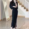 Novo vestido longo, fresco e casual, com colarinho francês, elegante vestido feminino nas cores café e preto, tecido de malha, caimento justo, moderno