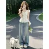 Atuendo de Verano Súper Trendy 2026, un Conjunto Completo de Trajes Estilo Universitario para Mujer, Tops de Encaje Bordados de Manga Corta, Conjunto de Dos Piezas de Jeans, Moderno
