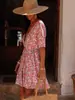 Vestido Floral Elegante Casual Versátil de Manga Média com Decote V para Férias Primavera/Verão Europeu e Americano