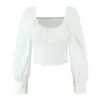 Comércio Exterior Transfronteiriço Roupas Femininas Primavera 2026 Estilo Europeu e Americano Gola Redonda Manga Bufante Decorada com Botões Camisa Curta para Mulheres G57725