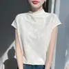 26 Verão Novo Sem Mangas Gola Meia-Alta Jacquard Elegante Manga Volante Pequena Top Fino Base de Liocel Colete Roupa Feminina