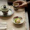 Dinastia Tang e Song Glacê de Caramelo Azul-Verde Pêssego Doméstico Pintado à Mão Estilo Antigo Porta-Copos Cerâmicos Acessórios para Cerimônia do Chá Base de Isolamento Térmico para Xícara de Chá