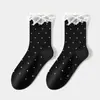 Meias femininas vintage de renda com bolinhas e laço, meias de cano médio estilo Lolita JK, Meias Zhujie