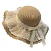 Chapéu de Pescador de Palha com Laço de Renda para Mulheres, Chapéu de Sol de Aba Larga para Praia de Verão e Litoral, Chapéu de Sol para Proteção Solar em Viagens