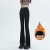 Calça jeans skinny preta feminina outono e inverno forrada com fleece cintura alta pequena boca de sino slim modeladora calça retro ferradura