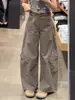 Calça Jeans Cargo Acolchoada Grossa Estilo Americano Retrô Tamanho Plus para Mulheres, Outono e Inverno, Cintura Alta, Emagrecimento, Perna Reta/Larga para Mulheres Plus Size