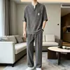 Traje Casual de Verano Nuevo Estilo Chino para Hombre, Conjunto de Dos Piezas Suelto de Cuello V para Té, Manga Corta de Seda de Hielo, Delgado Elástico Arrugado