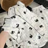 Pijama Plus Size Feminino Desenho Gatinho Fofo Estilo Estudante, Estilo Primavera e Verão, Pode Ser Usado Fora de Casa, Conjunto de Três Peças de Roupa de Casa Soltinha
