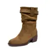 Botas de Vaquero Occidentales de Media Tacón hasta Media Pantorrilla Serie Maillard 2026 para Mujer con Hebilla de Cinturón y Diseño Vintage Plisado
