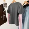 Algodón Cepillado Engrosado Falso Dos Piezas Diseño Primavera Temprana 2026 Estampado de Nicho Color Pony Bloque de Color Camiseta de Manga Larga Top para Mujer