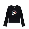 Camiseta de Algodão Puro Estilo Americano Estampa de Desenho Gato Kt Manga Longa para Mulheres, Nova Camada Base Slim-Fit para Primavera e Outono