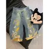 Shorts Jeans Rasgado Vintage Americano Desgastado para Mulheres, Shorts de Verão de Cintura Alta Largos Retos de Perna Larga Comprimento Médio, Shorts de Seis Pontos