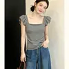 Camiseta quadrada listrada estilo francês plus size com pequenas mangas bufantes para mulheres, nova para o verão, slim fit, valoriza a silhueta, top elegante de nicho