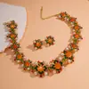 Conjunto de Brincos e Colar de Flor de Resina com Strass Transfronteiriço Europeu e Americano, Corrente para Clavícula de Luxo Leve Estilo Palaciano, Conjunto de Joias Elegantes de Nicho